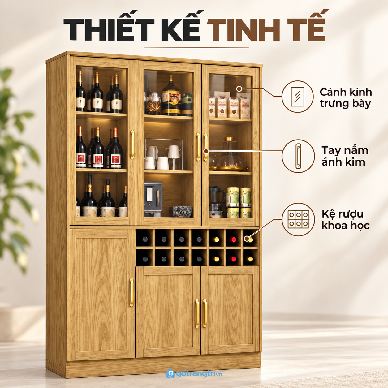 Thiết kế tủ rượu 3 cánh kính kết hợp tủ kín hiện đại