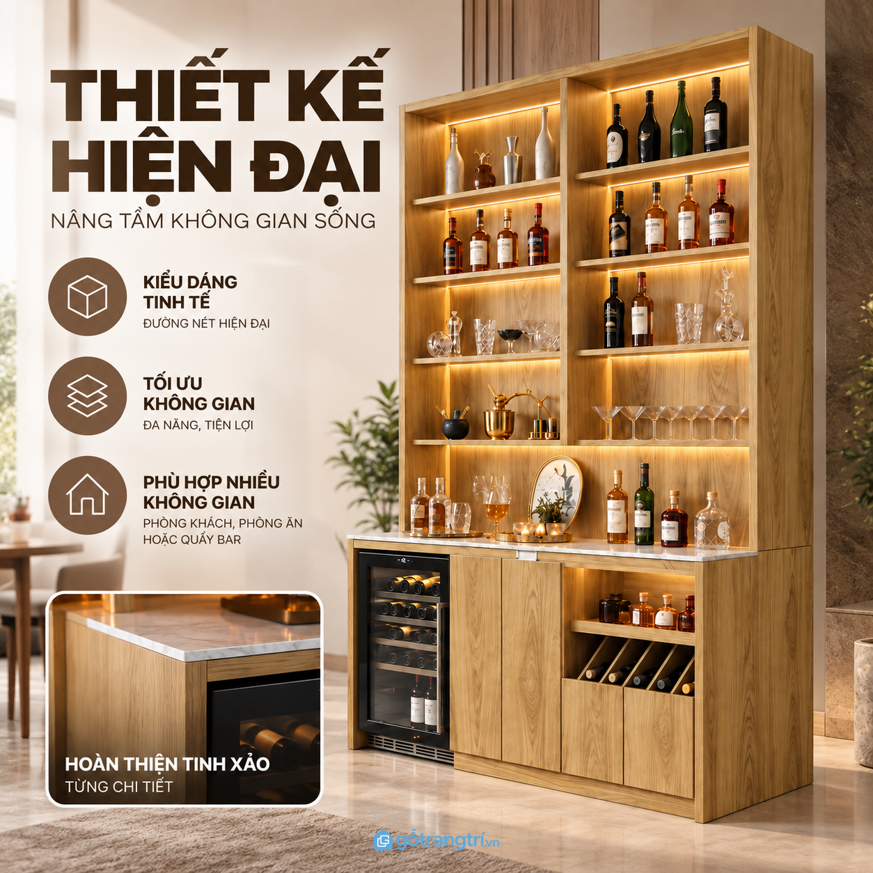 Thiết kế tủ rượu hiện đại, nổi bật với hệ LED