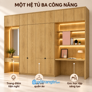 Tích hợp bàn học, kệ sách và bàn trang điểm tiện dụng