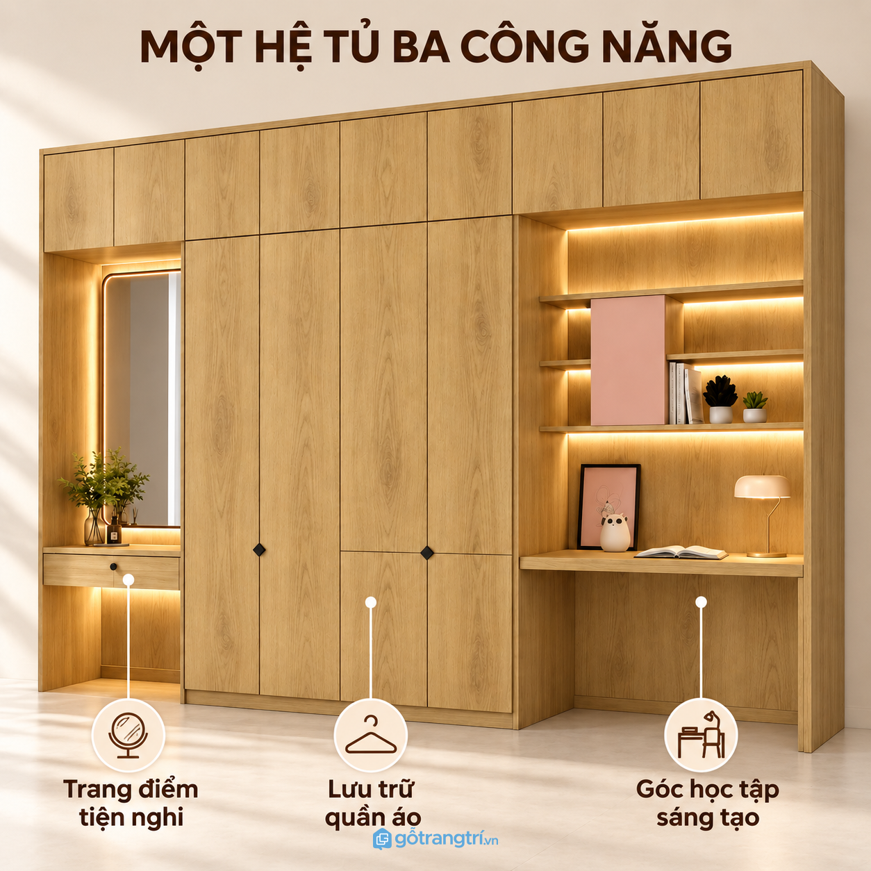 Tích hợp bàn học, kệ sách và bàn trang điểm tiện dụng Tích hợp bàn học, kệ sách và bàn trang điểm tiện dụng