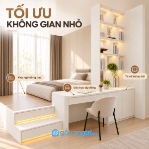 Tích hợp bàn làm việc, kệ mở và bậc thang lưu trữ