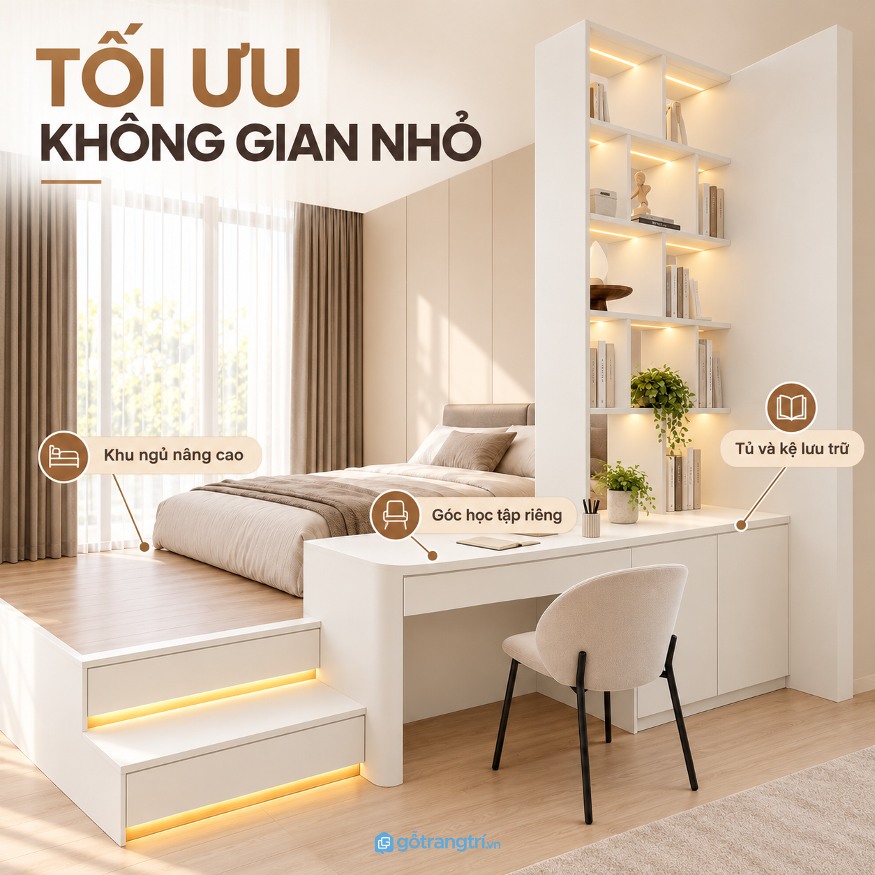Tích hợp bàn làm việc, kệ mở và bậc thang lưu trữ