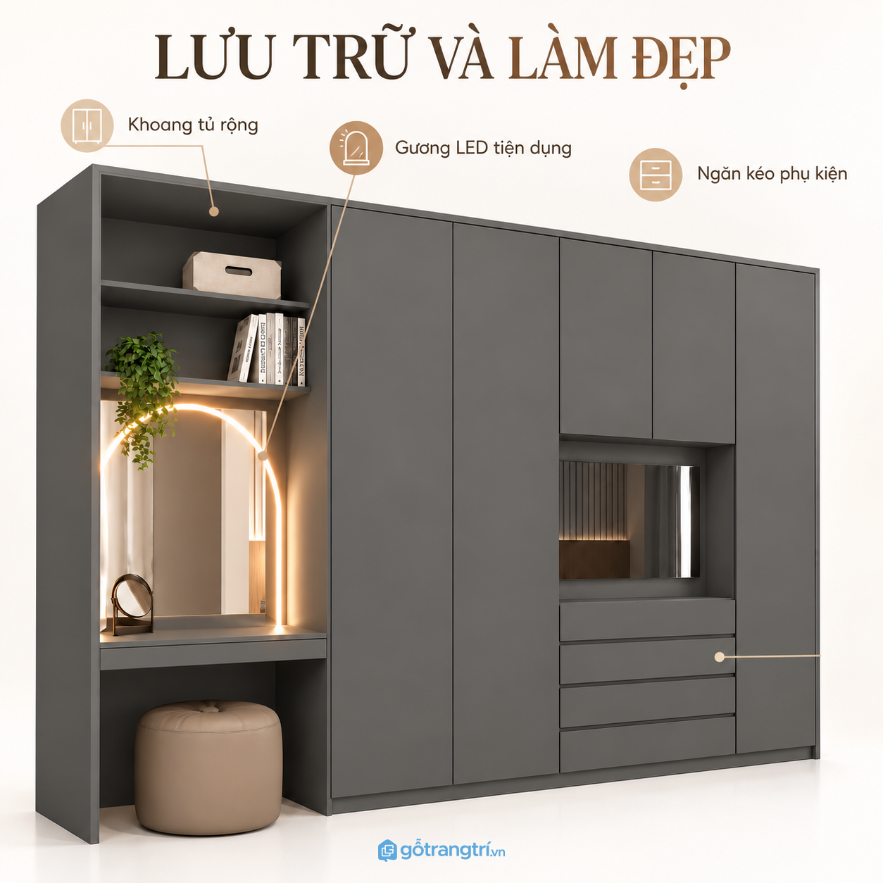 Tích hợp bàn trang điểm và nhiều khu vực lưu trữ
