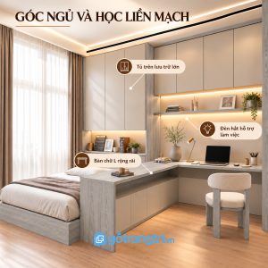 Tích hợp giường ngủ, bàn làm việc và hệ tủ lưu trữ