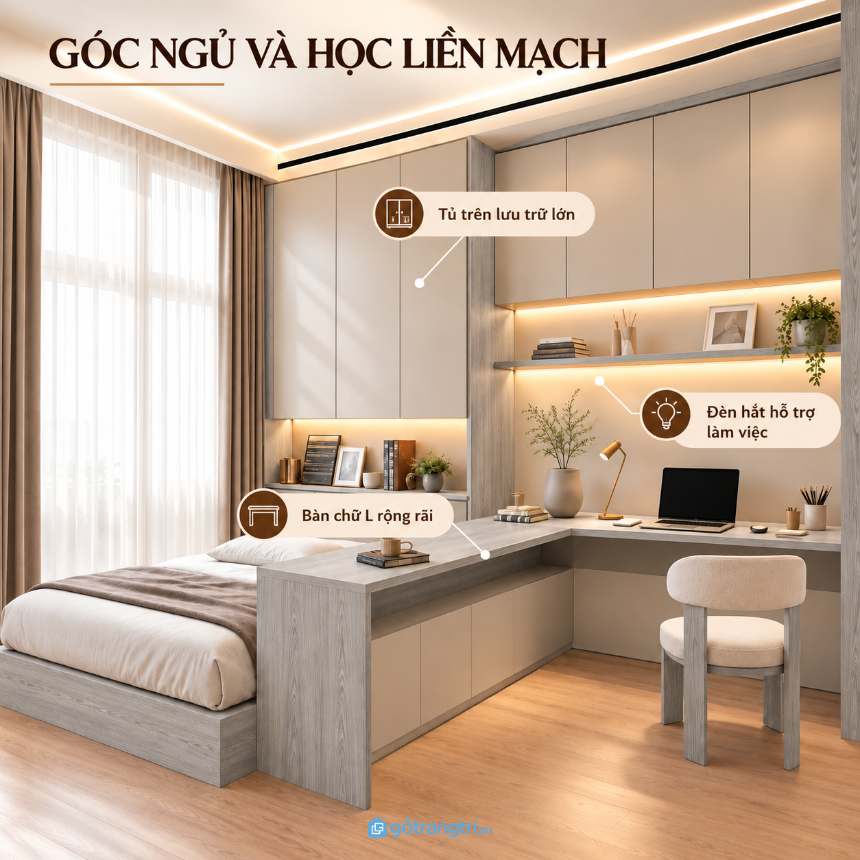 Tích hợp giường ngủ, bàn làm việc và hệ tủ lưu trữ