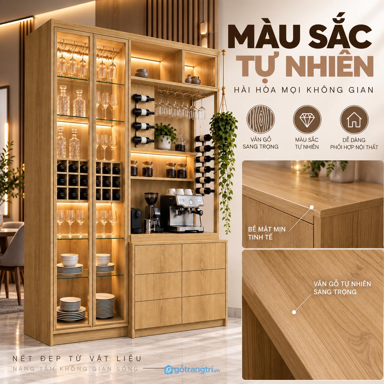 Tông gỗ sáng, phù hợp phòng khách và phòng ăn Tông gỗ sáng, phù hợp phòng khách và phòng ăn