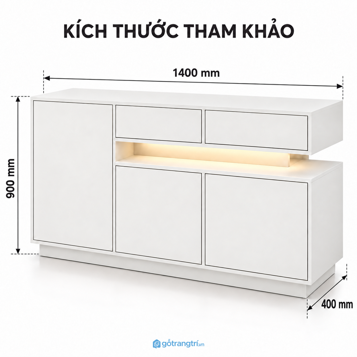 Tủ buffet phòng khách màu trắng có đèn LED – Thiết kế tối giản, lưu trữ tiện nghi
