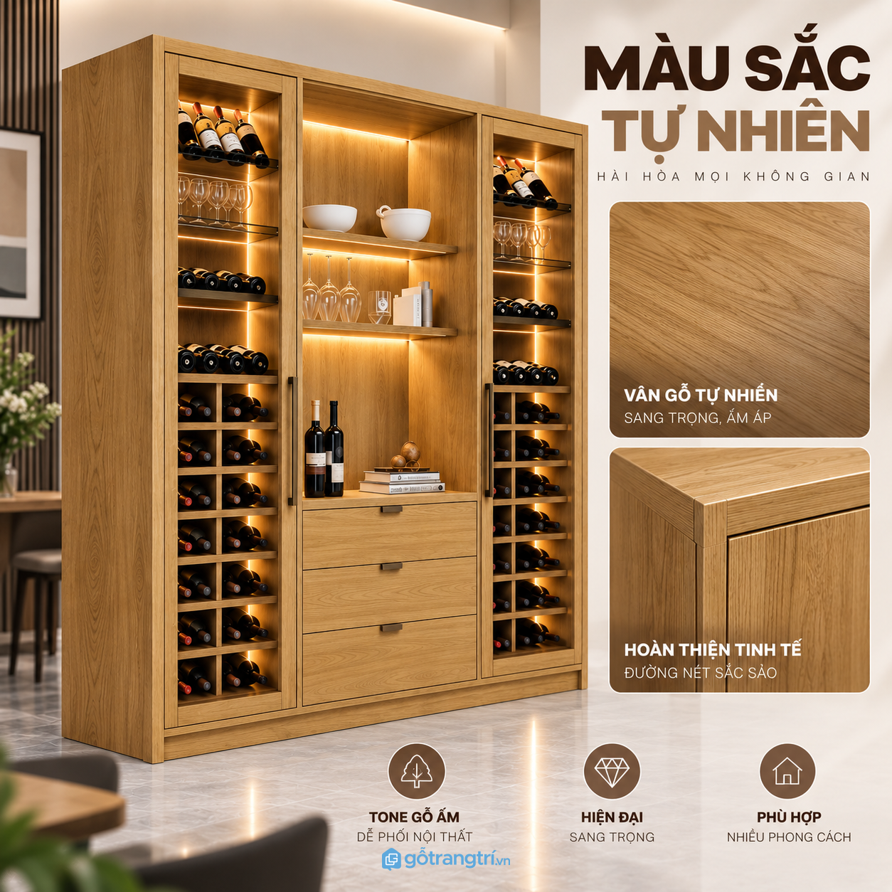 Tủ cao 1m85 phù hợp phòng khách và phòng ăn