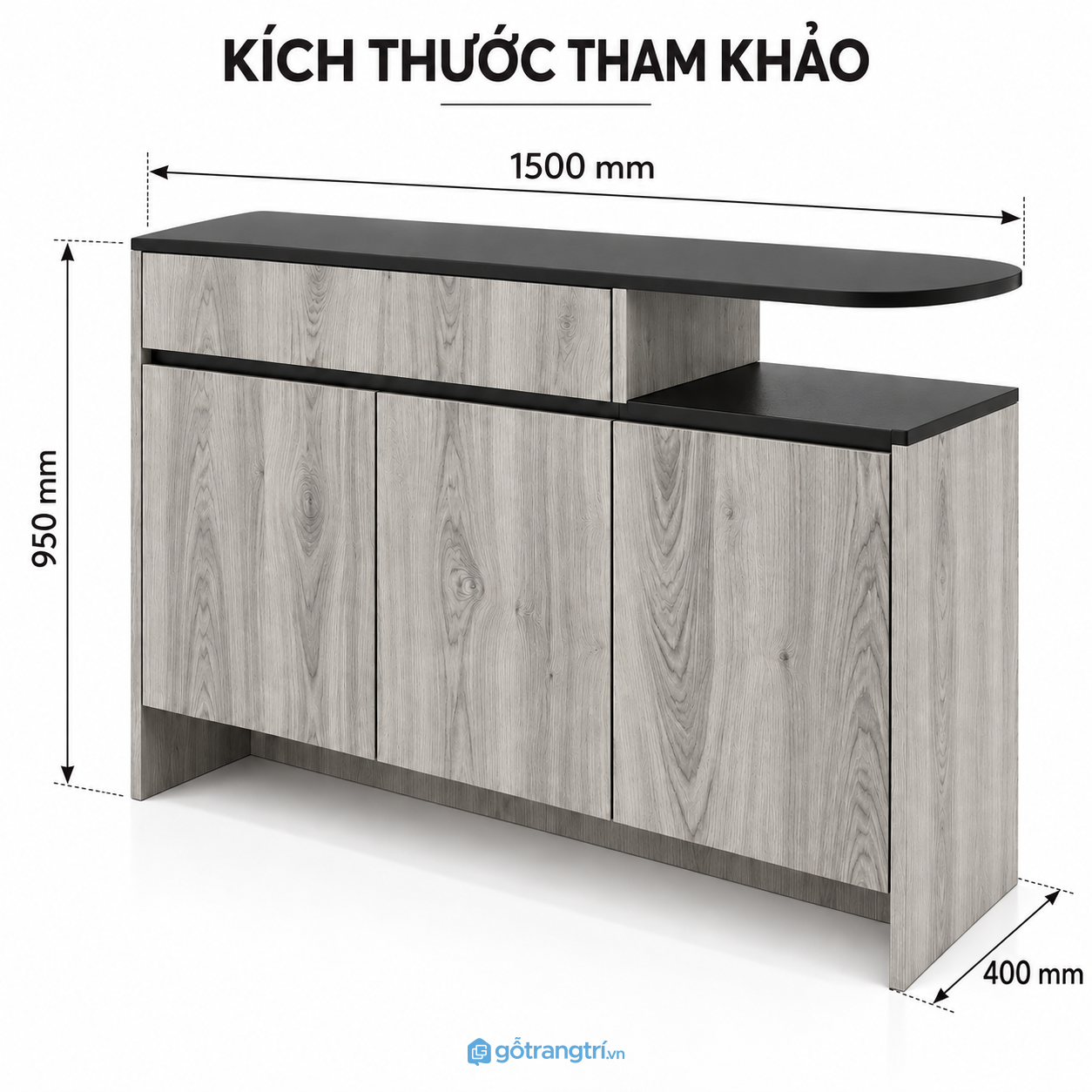 Tủ console gỗ nâu phối đen với thiết kế bất đối xứng, tăng không gian lưu trữ