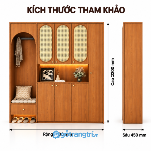 Tủ giày gỗ nâu cánh mây đan, tích hợp ghế ngồi và khoang lưu trữ tiện dụng