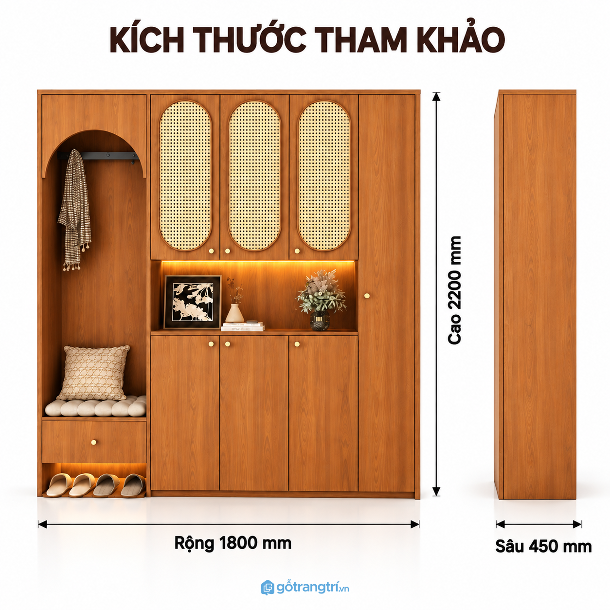 Tủ giày gỗ nâu cánh mây đan, tích hợp ghế ngồi và khoang lưu trữ tiện dụng