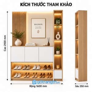 Tủ giày kết hợp vách lam gỗ hiện đại, nhiều ngăn lưu trữ và kệ trang trí