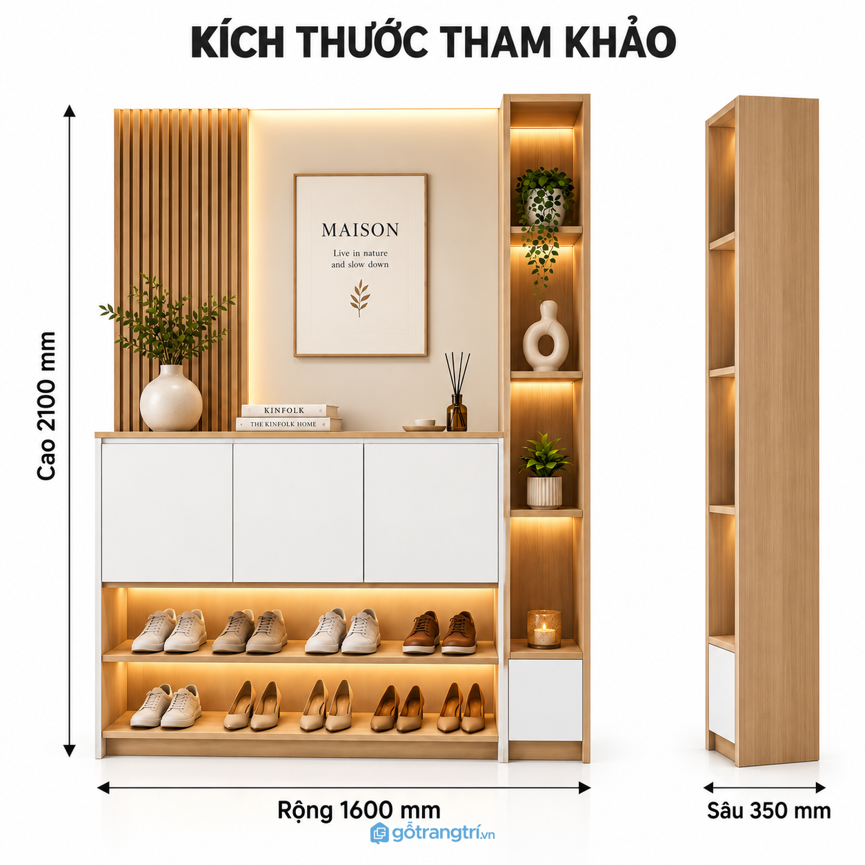 Tủ giày kết hợp vách lam gỗ hiện đại, nhiều ngăn lưu trữ và kệ trang trí
