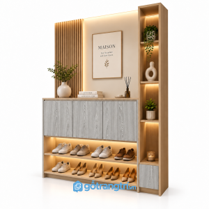 Tủ giày kết hợp vách trang trí lam gỗ có đèn LED GHS-5145 - 160x35x210cm - Màu gỗ 413 - GHS-5145f