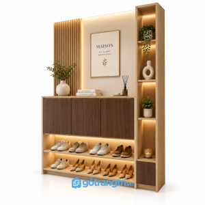 Tủ giày kết hợp vách trang trí lam gỗ có đèn LED GHS-5145 - 160x35x210cm - Màu gỗ 613 - GHS-5145e