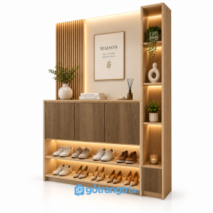 Tủ giày kết hợp vách trang trí lam gỗ có đèn LED GHS-5145 - 160x35x210cm - Màu gỗ óc chó - GHS-5145d