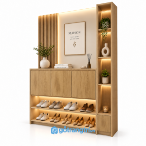 Tủ giày kết hợp vách trang trí lam gỗ có đèn LED GHS-5145 - 160x35x210cm - Màu gỗ sồi - GHS-5145c