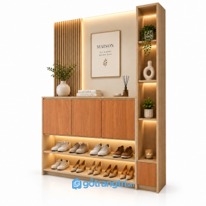 Tủ giày kết hợp vách trang trí lam gỗ có đèn LED GHS-5145 - 160x35x210cm - Màu gỗ xoan đào - GHS-5145b