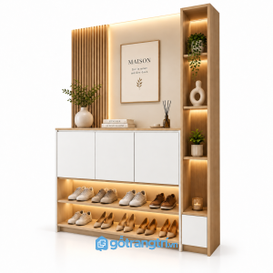 Tủ giày kết hợp vách trang trí lam gỗ có đèn LED GHS-5145 - 160x35x210cm - Màu trắng - GHS-5145a