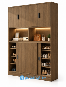 Tủ Giày Kịch Trần Màu Nâu Óc Chó Kết Hợp Kệ Trang Trí Đèn LED GHS- GHS-5142 - 1200x400x2000mm - Màu gỗ óc chó - GHS-5142d