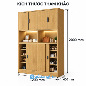 Tủ giày kịch trần màu nâu óc chó thiết kế nhiều ngăn, tích hợp kệ trang trí LED hiện đại