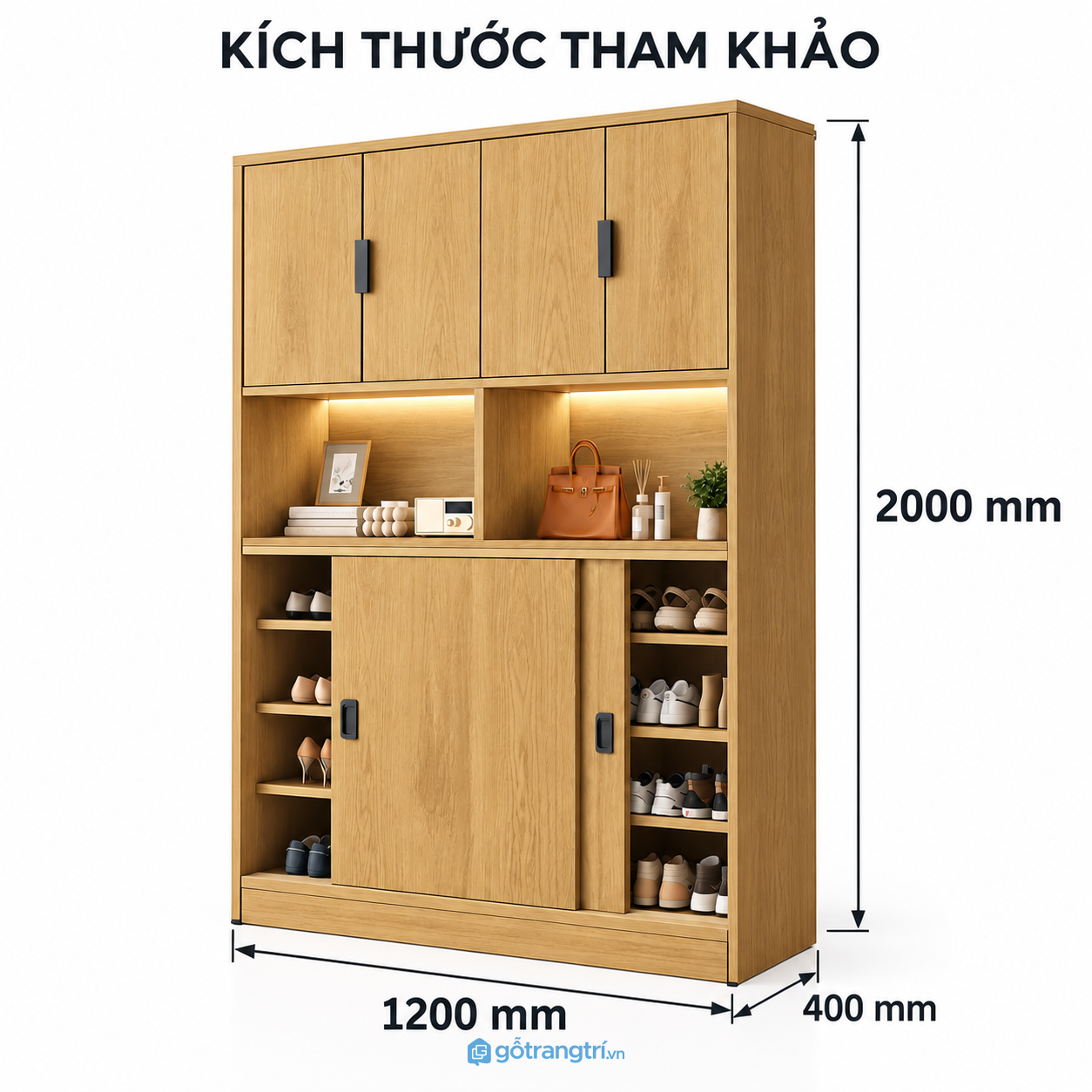 Tủ giày kịch trần màu nâu óc chó thiết kế nhiều ngăn, tích hợp kệ trang trí LED hiện đại
