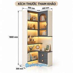 Tủ kệ góc chữ L màu trắng vân gỗ có đèn LED đa năng, đẹp mắt