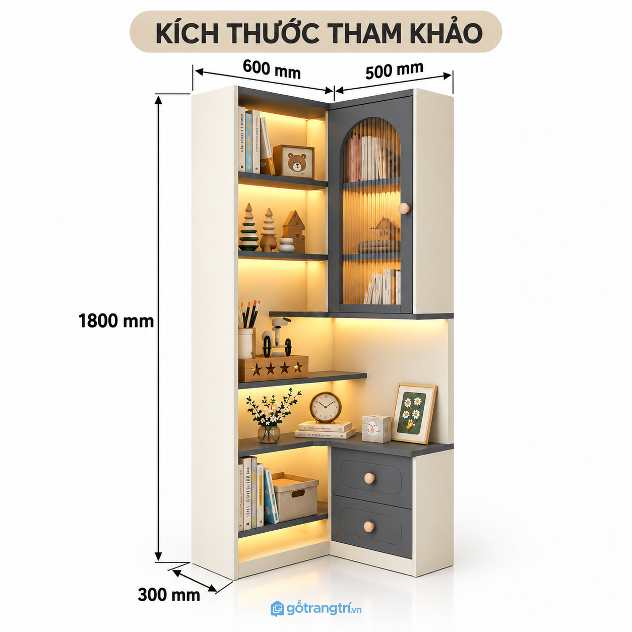 Tủ kệ góc chữ L màu trắng vân gỗ có đèn LED đa năng, đẹp mắt