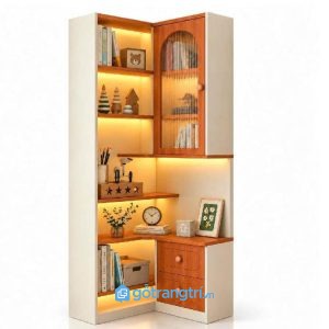Tủ kệ góc chữ L màu trắng vân gỗ có đèn LED GHS-1023