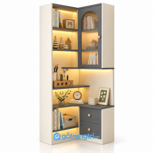 Tủ kệ góc chữ L màu trắng vân gỗ có đèn LED GHS-1023 - 600-500x300x1800mm - Màu ghi - GHS-1023a
