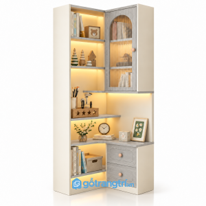 Tủ kệ góc chữ L màu trắng vân gỗ có đèn LED GHS-1023 - 600-500x300x1800mm - Màu gỗ 413 - GHS-1023b