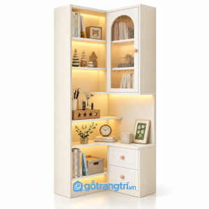 Tủ kệ góc chữ L màu trắng vân gỗ có đèn LED GHS-1023 - 600-500x300x1800mm - Màu trắng - GHS-1023g