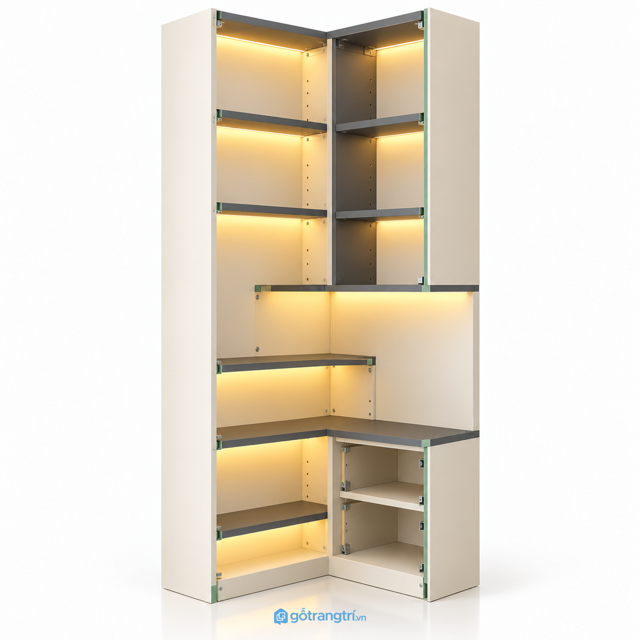 Tủ kệ góc chữ L màu trắng vân gỗ có đèn LED GHS-1023 - hình ảnh thực tế 1