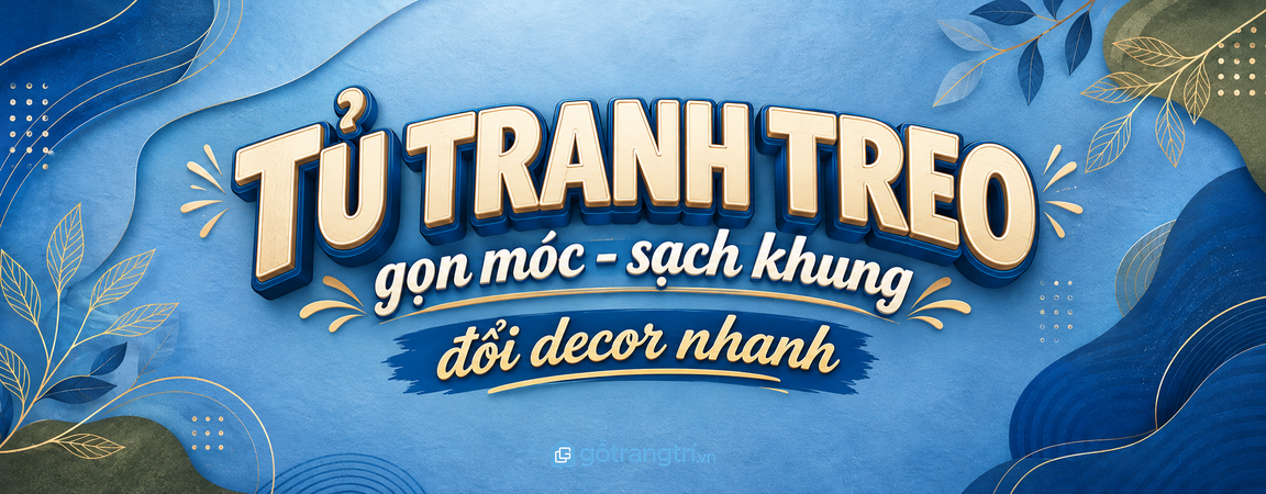 Tủ phụ kiện tranh treo phòng khách nhỏ: gọn móc đinh, sạch tường và dễ thay khung