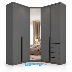 Tủ quần áo chữ L có gương toàn thân và ngăn kéo GHS-5118 - 2450x600x2000 - Màu ghi