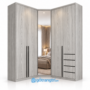 Tủ quần áo chữ L có gương toàn thân và ngăn kéo GHS-5118 - 2450x600x2000 - Màu gỗ 413
