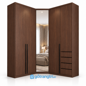 Tủ quần áo chữ L có gương toàn thân và ngăn kéo GHS-5118 - 2450x600x2000 - Màu gỗ 613