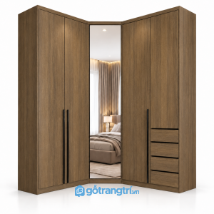 Tủ quần áo chữ L có gương toàn thân và ngăn kéo GHS-5118 - 2450x600x2000 - Màu gỗ óc chó