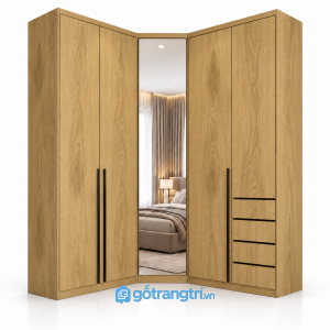 Tủ quần áo chữ L có gương toàn thân và ngăn kéo GHS-5118 - 2450x600x2000 - Màu gỗ sồi