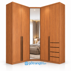 Tủ quần áo chữ L có gương toàn thân và ngăn kéo GHS-5118 - 2450x600x2000 - Màu gỗ xoan đào