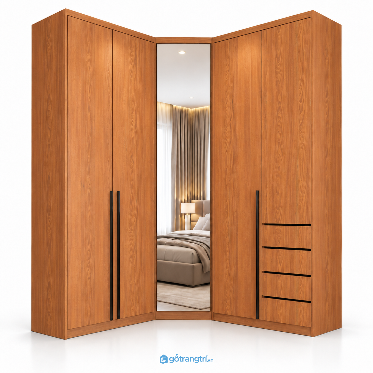 Tủ quần áo chữ L có gương toàn thân và ngăn kéo GHS-5118 - 2450x600x2000 - Màu gỗ xoan đào
