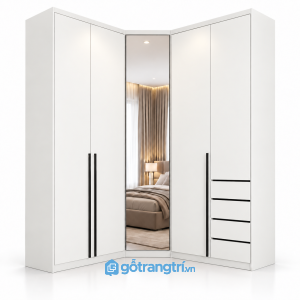 Tủ quần áo chữ L có gương toàn thân và ngăn kéo GHS-5118 - 2450x600x2000 - Màu trắng