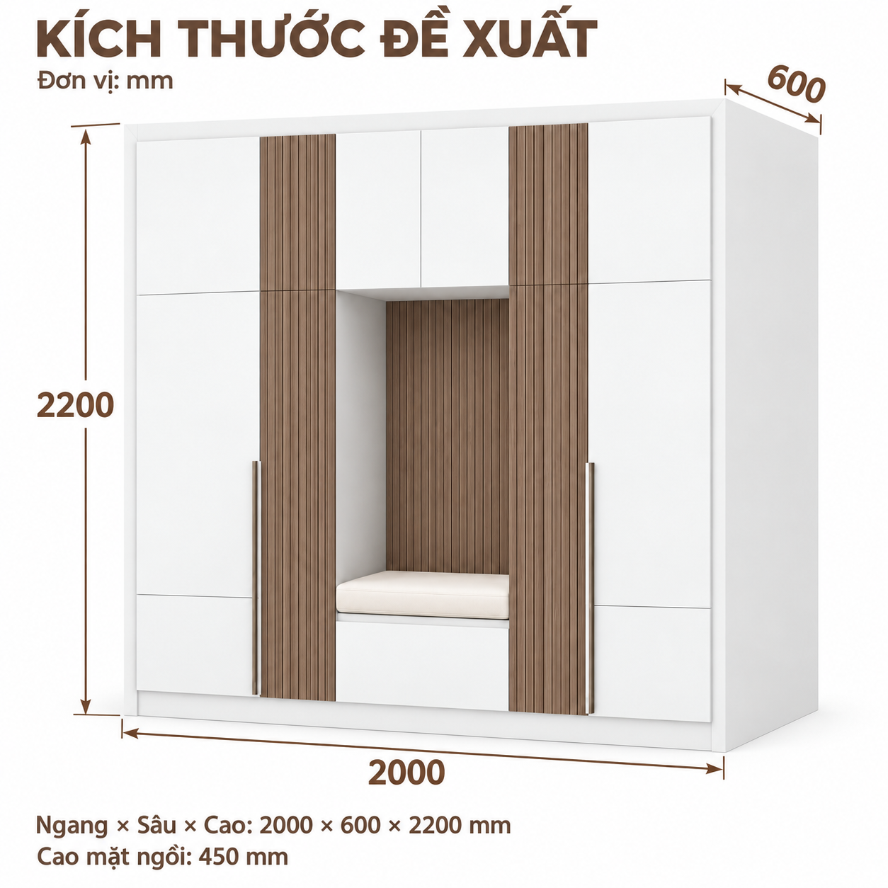 Tủ quần áo có ghế ngồi giữa và mảng sọc dọc