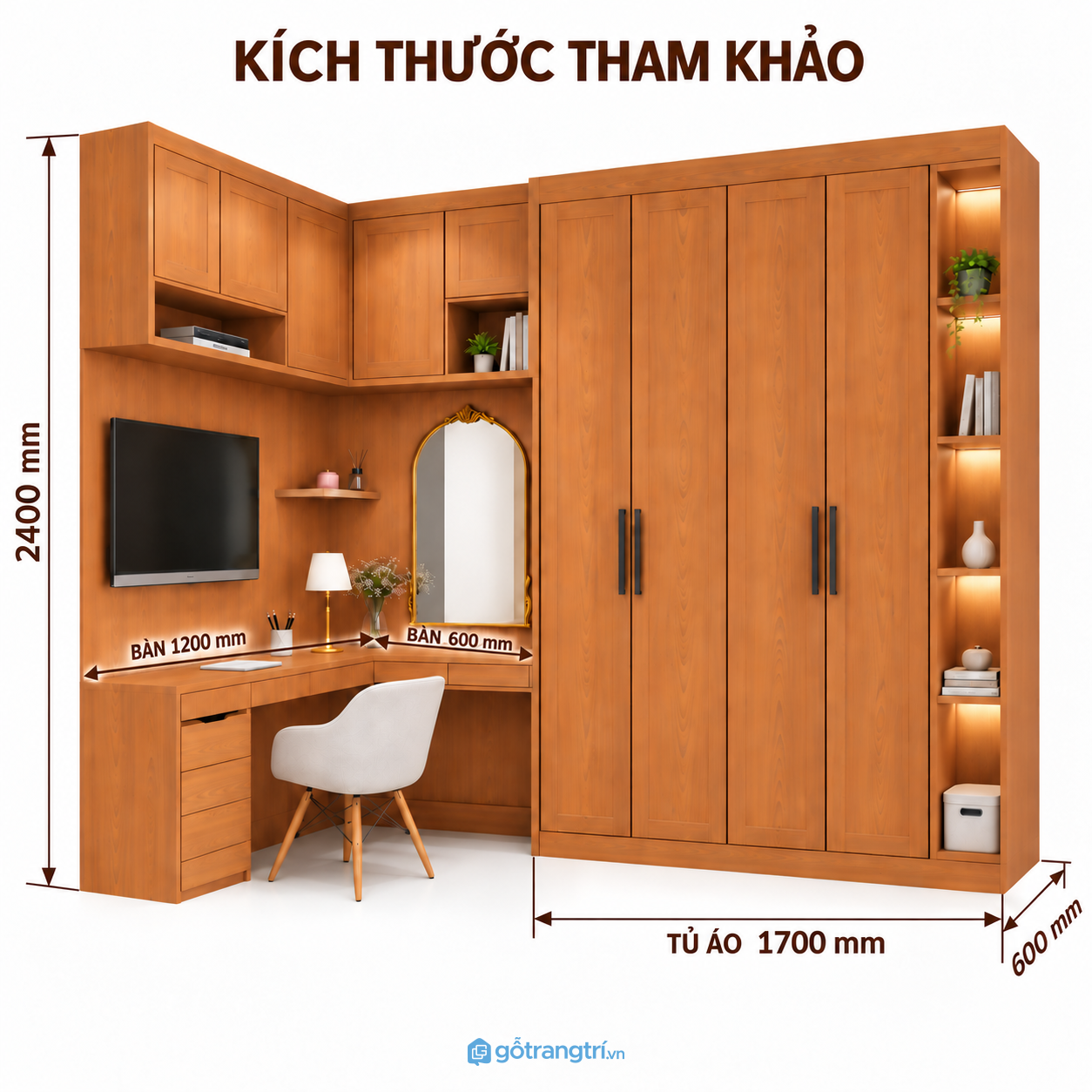 Tủ quần áo kết hợp bàn làm việc và bàn trang điểm đa năng