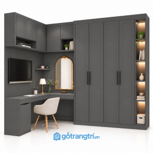 Tủ quần áo kết hợp bàn làm việc và bàn trang điểm GHS-5124 - 2300-1200x600x2400 - Màu ghi