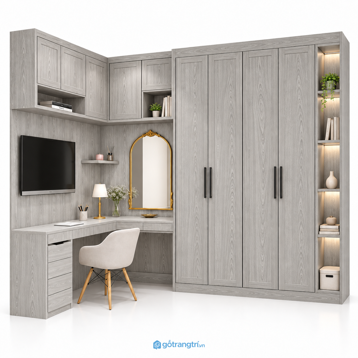 Tủ quần áo kết hợp bàn làm việc và bàn trang điểm GHS-5124 - 2300-1200x600x2400 - Màu gỗ 413