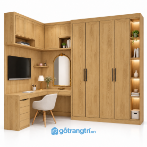 Tủ quần áo kết hợp bàn làm việc và bàn trang điểm GHS-5124 - 2300-1200x600x2400 - Màu gỗ sồi