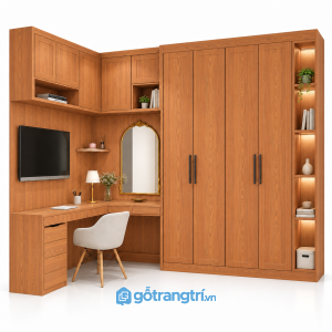 Tủ quần áo kết hợp bàn làm việc và bàn trang điểm GHS-5124 - 2300-1200x600x2400 - Màu gỗ xoan đào