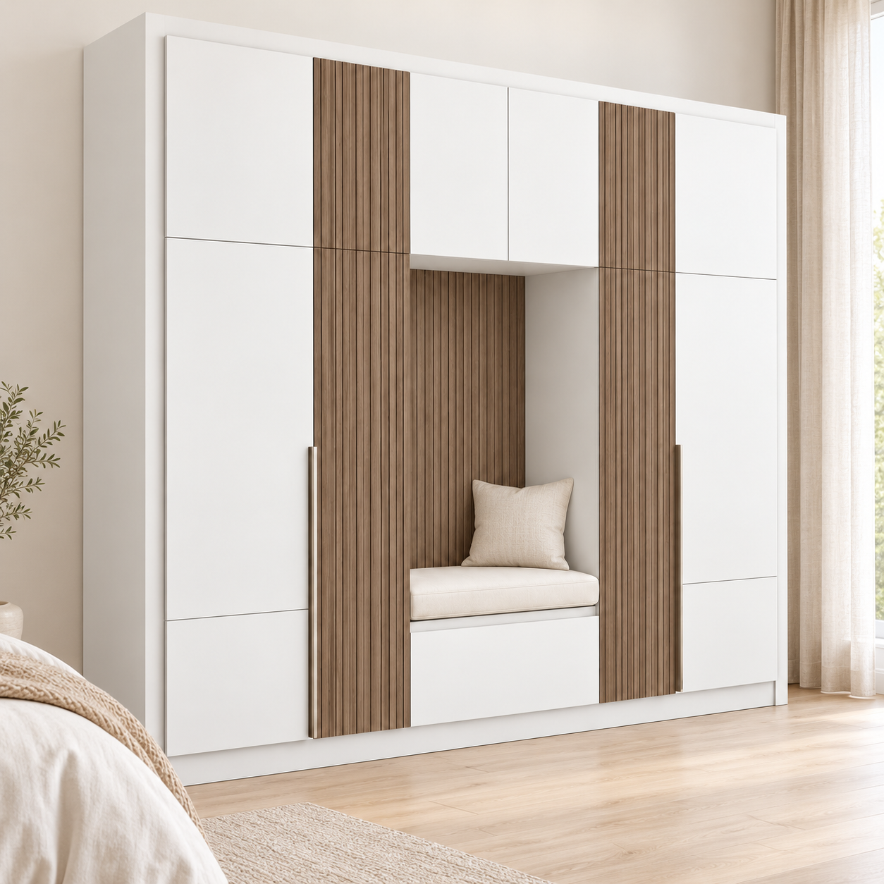 Phối cảnh minh họa tủ quần áo có ghế ngồi GHS-5150 trong phòng ngủ