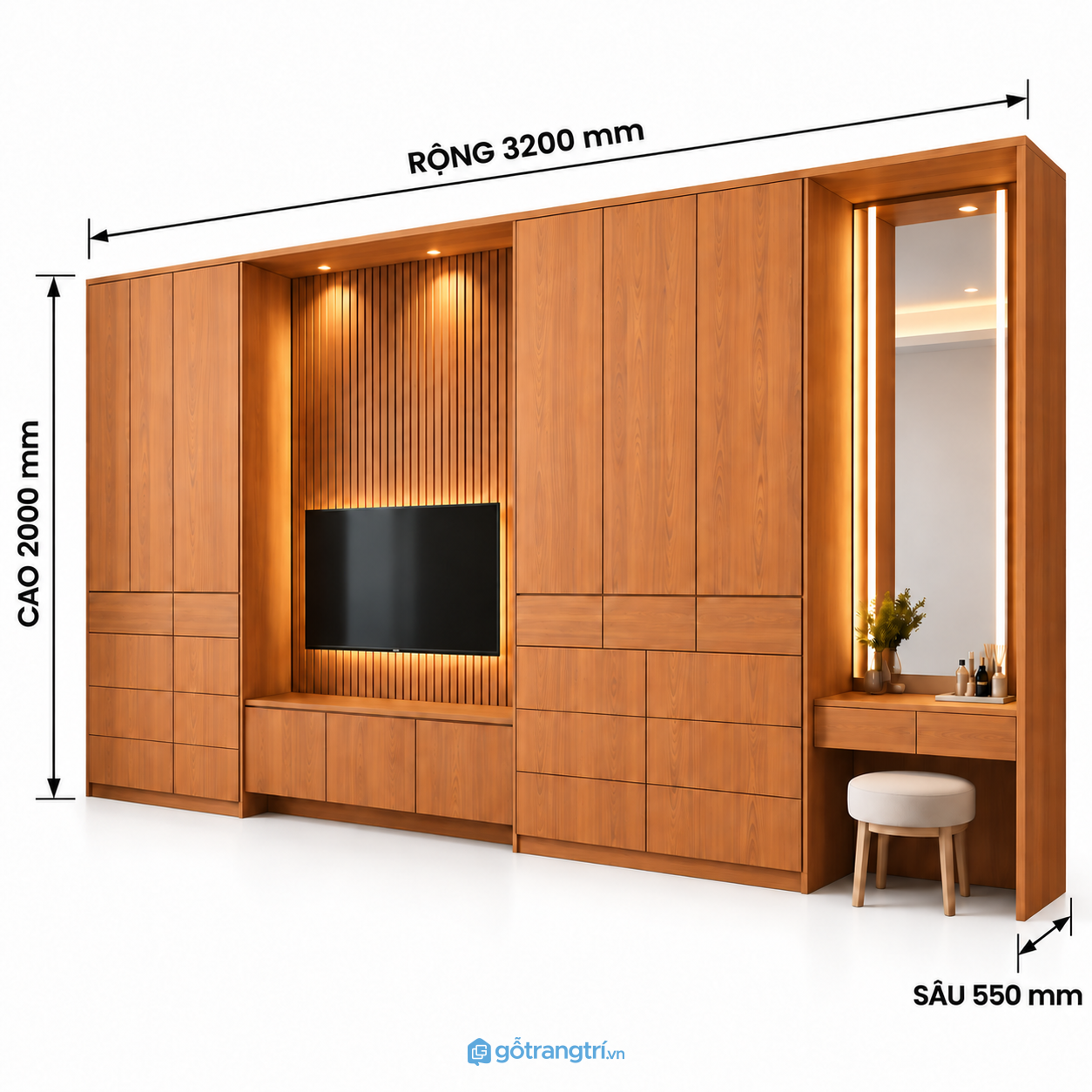 Tủ quần áo kết hợp kệ tivi và bàn trang điểm đa năng Tủ quần áo kết hợp kệ tivi và bàn trang điểm đa năng